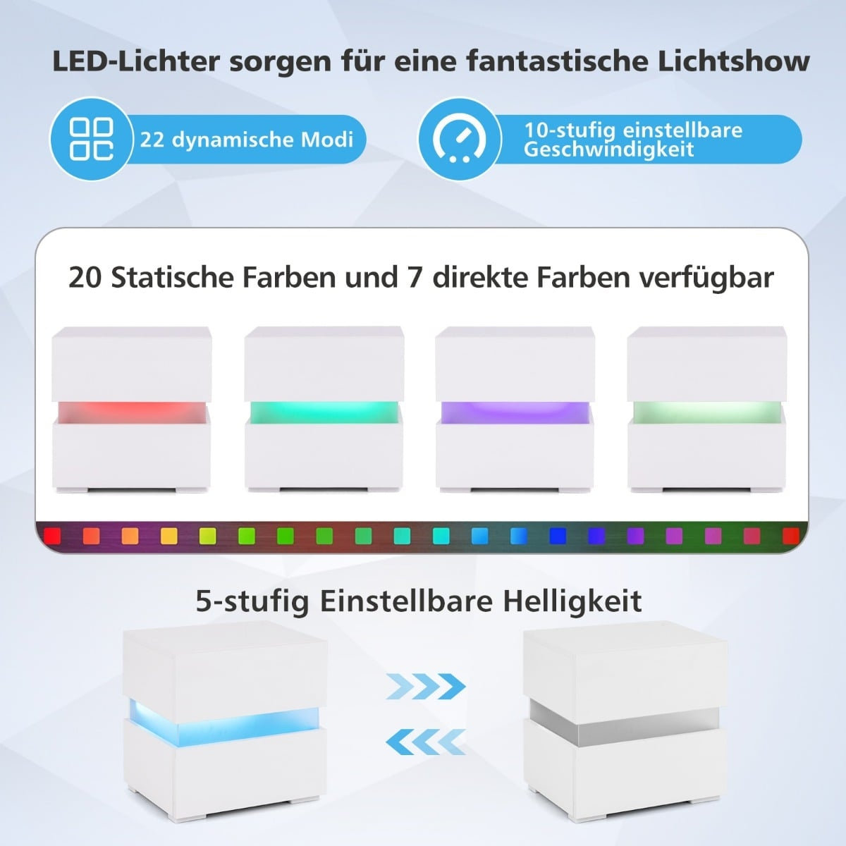 LED Nightstand Set with 2 Drawers, White, Remote-Controlled