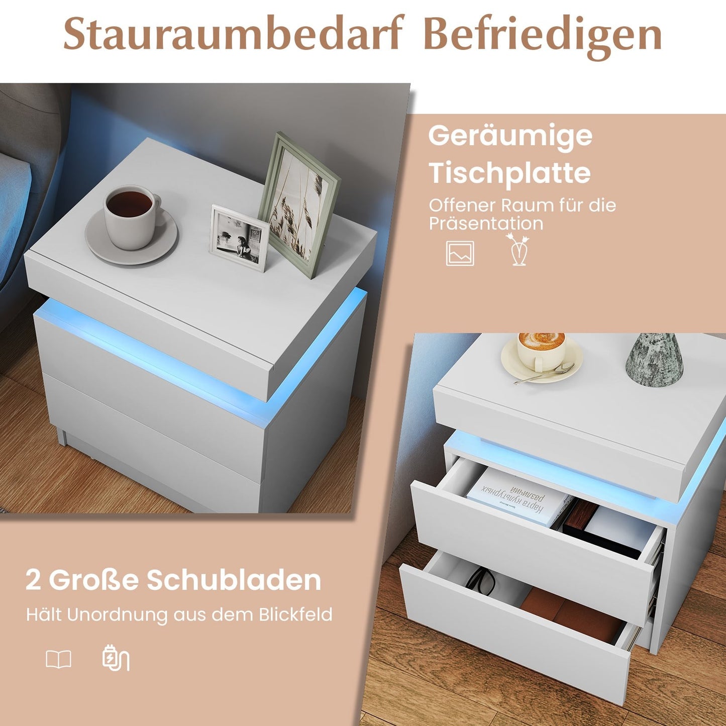 LED Nightstand with 2 Drawers, White MDF, Modern Design