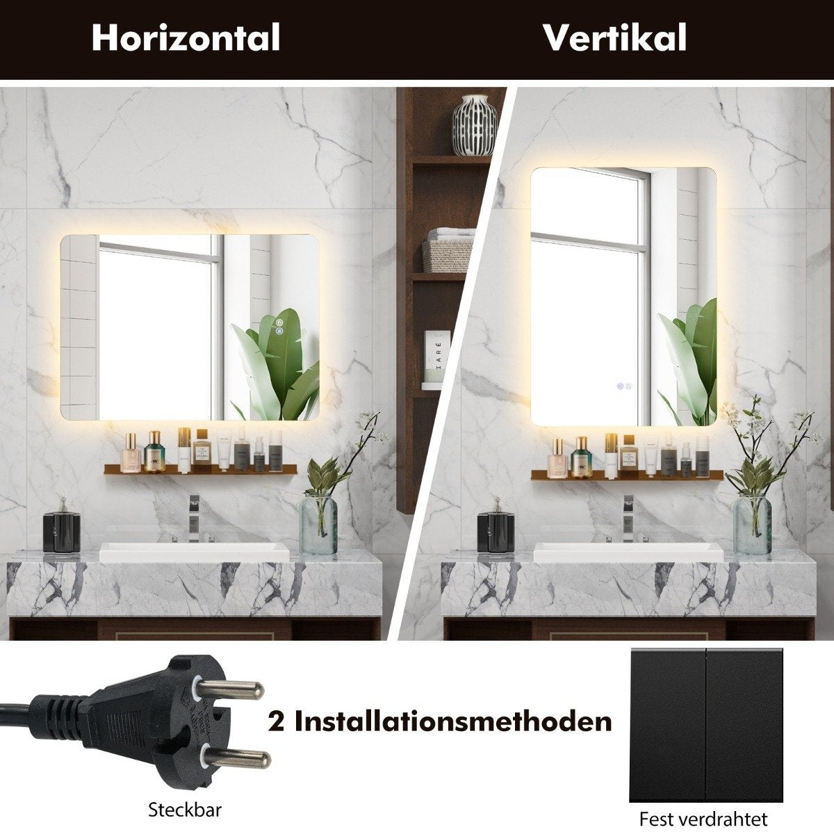 LED bathroom mirror with lighting & touch switch & memory function wall mirror 70 x 50 cm