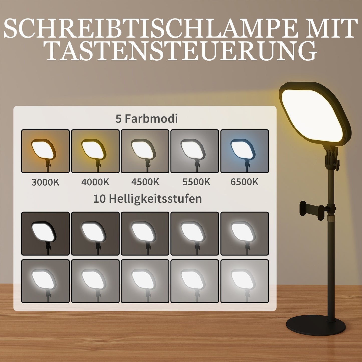 LED bedside lamp, 10 dimming levels, 5 colors, memory function, metal, black