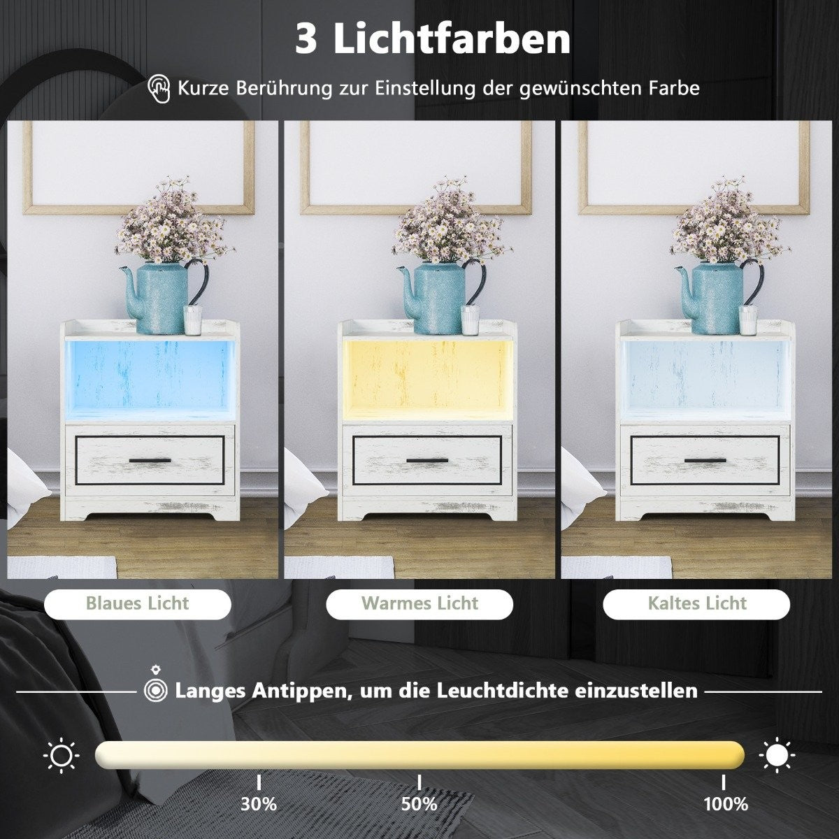 LED bedside table Intelligent nightstand with 2 USB ports White