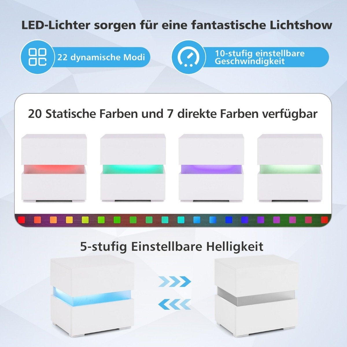 LED bedside table with 2 drawers & remote control & dynamic 45 x 35 x 45 cm white