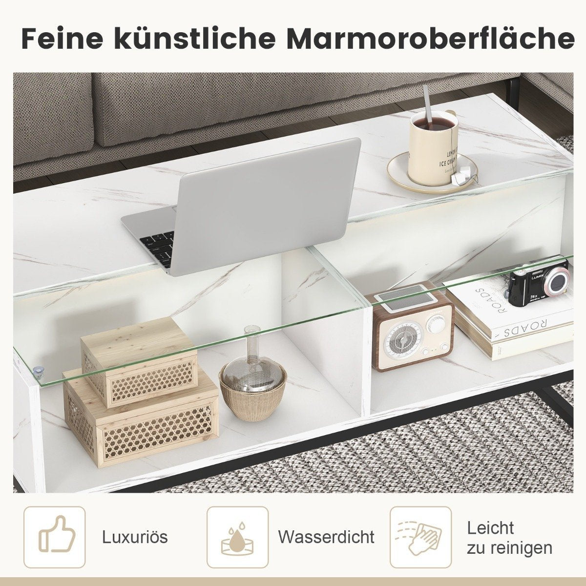 LED coffee table with marble look & Adjustable light colors & Brightness living room table white