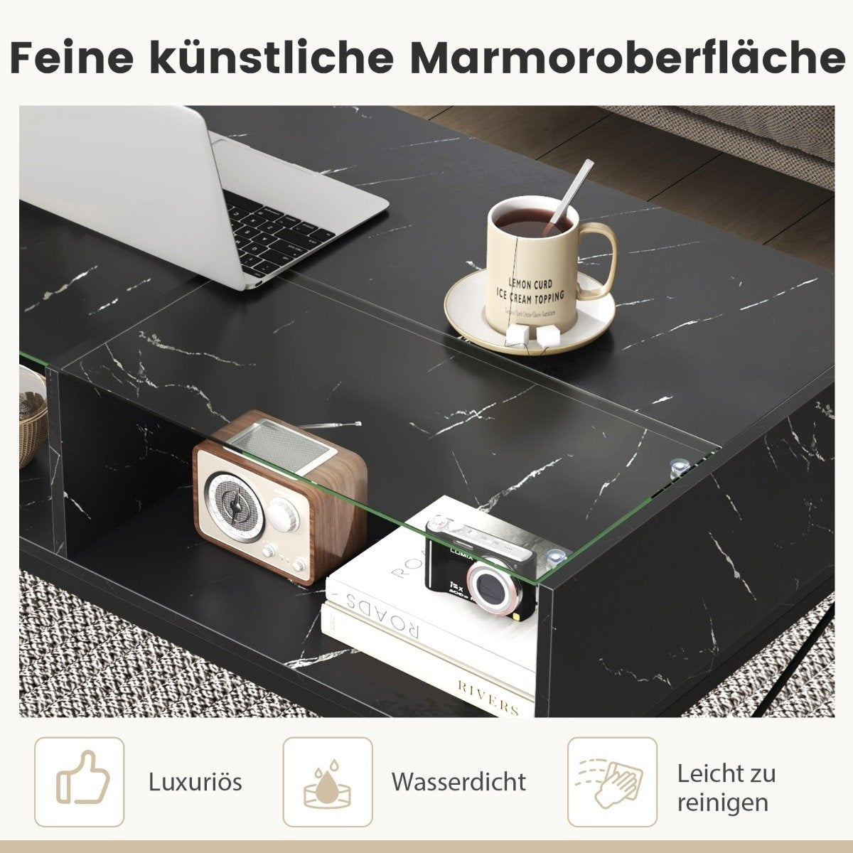 LED coffee table with marble look & adjustable light colors & Brightness living room table black
