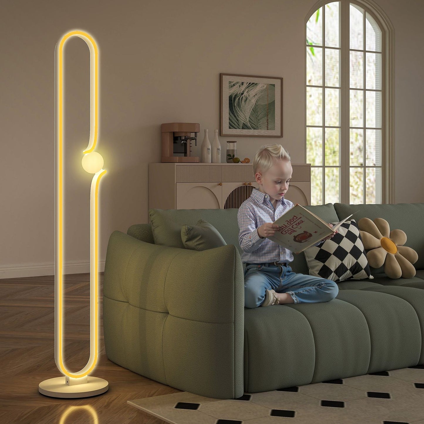 LED floor lamp, musical note design, glass shade, metal, plastic, white