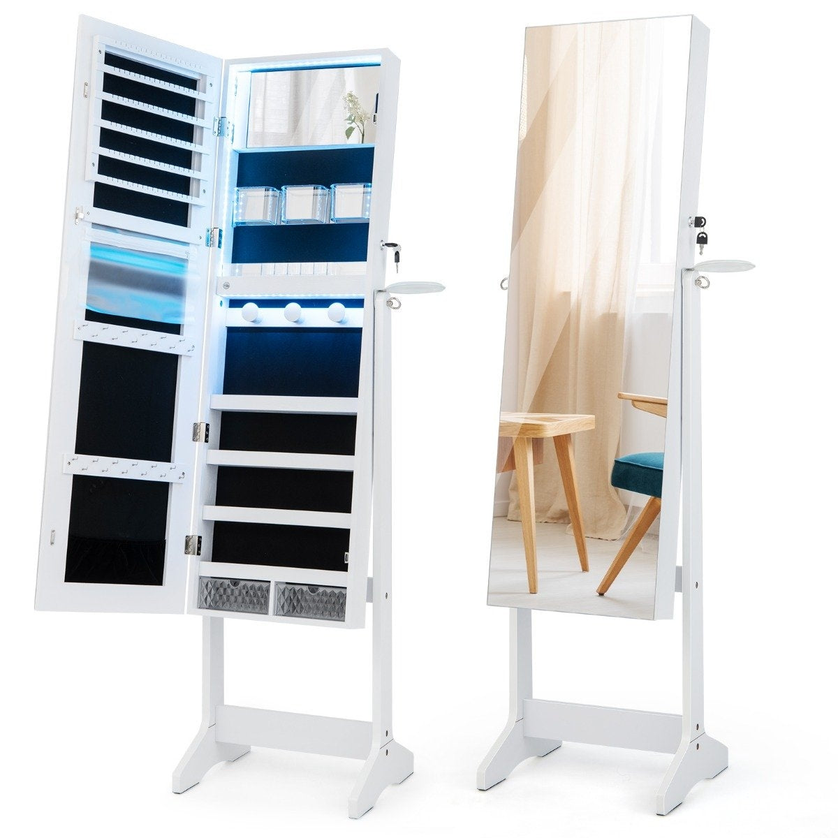 LED jewelry cabinet with full-length mirror and make-up mirror 41 x 37 x 156 cm white
