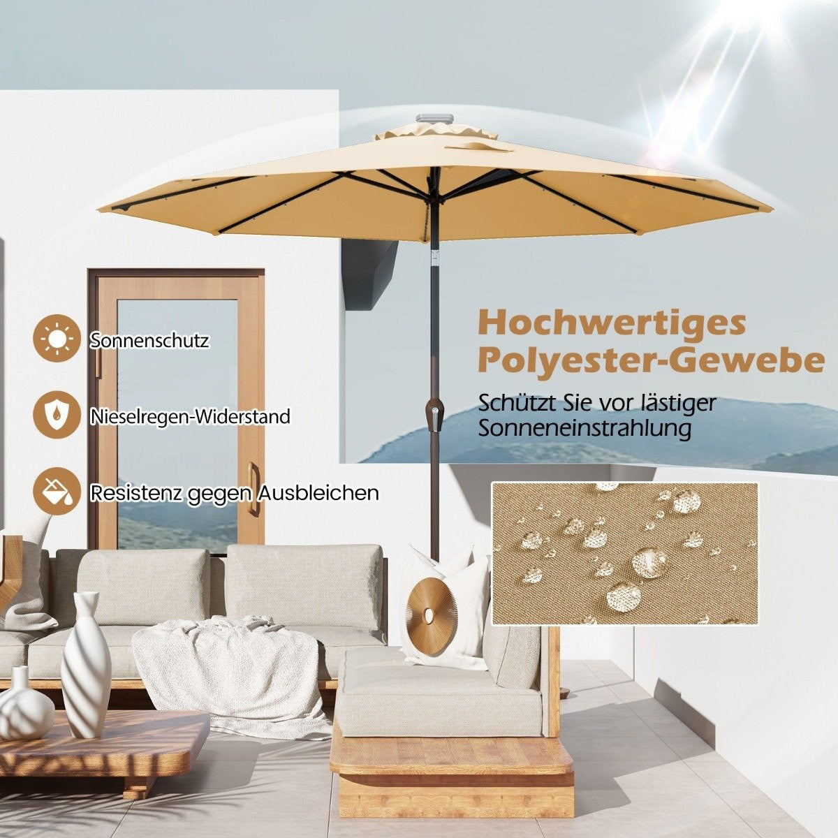 LED lighting cantilever umbrella round parasol solar powered garden umbrella crank beige ø 3M
