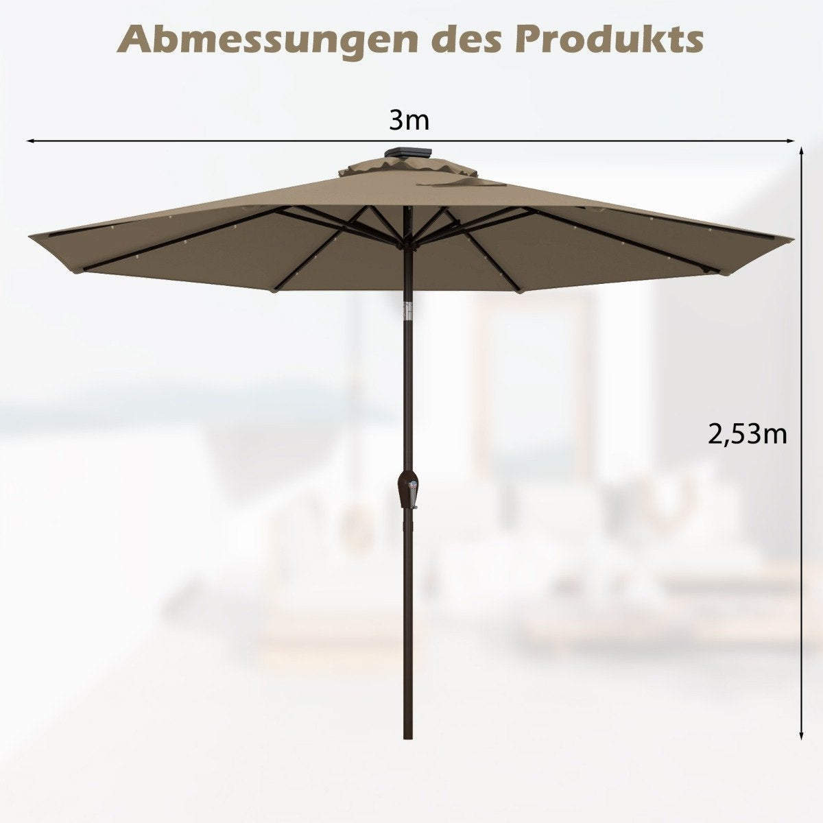 LED lighting cantilever umbrella round parasol solar powered garden umbrella crank brown diameter 3M