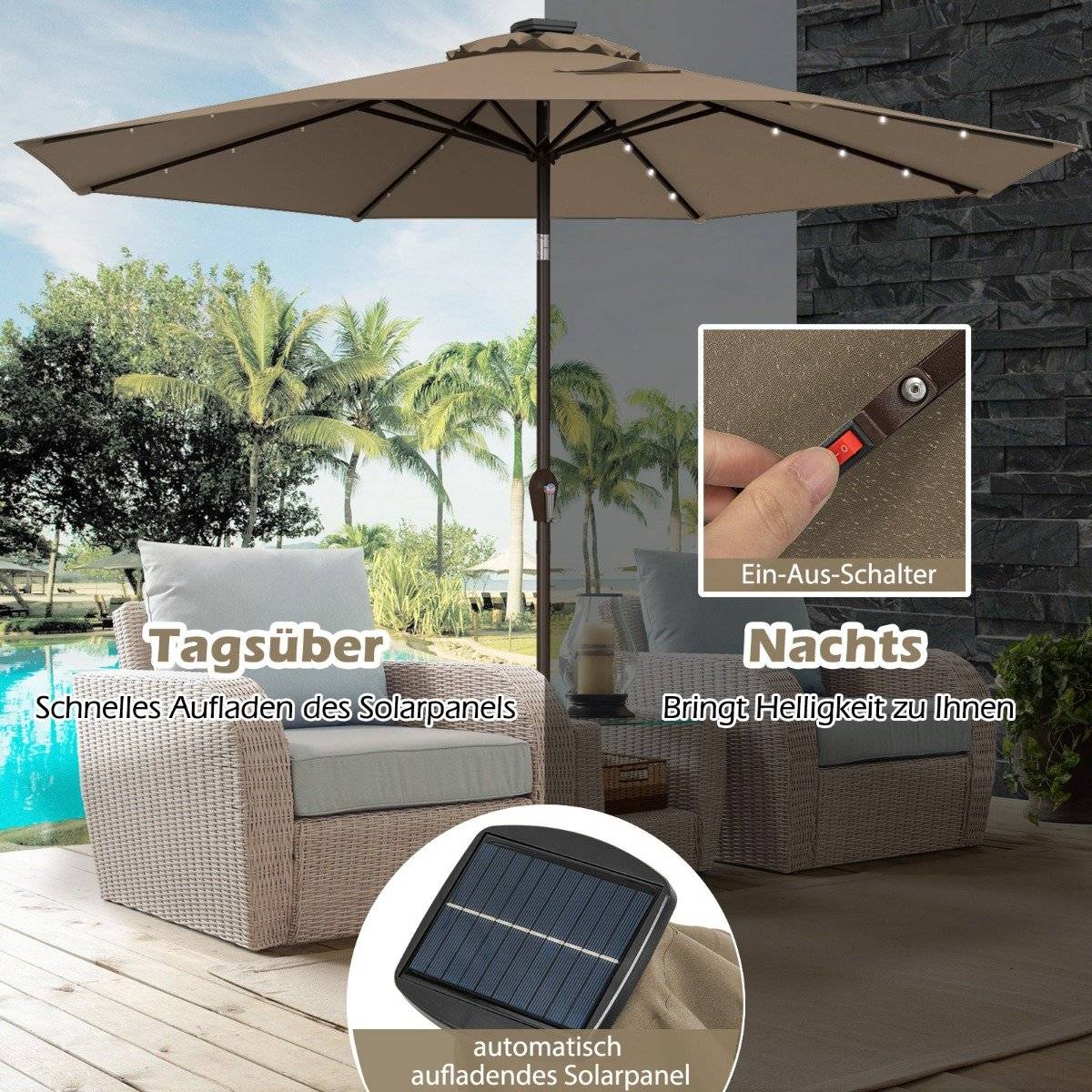 LED lighting cantilever umbrella round parasol solar powered garden umbrella crank brown diameter 3M
