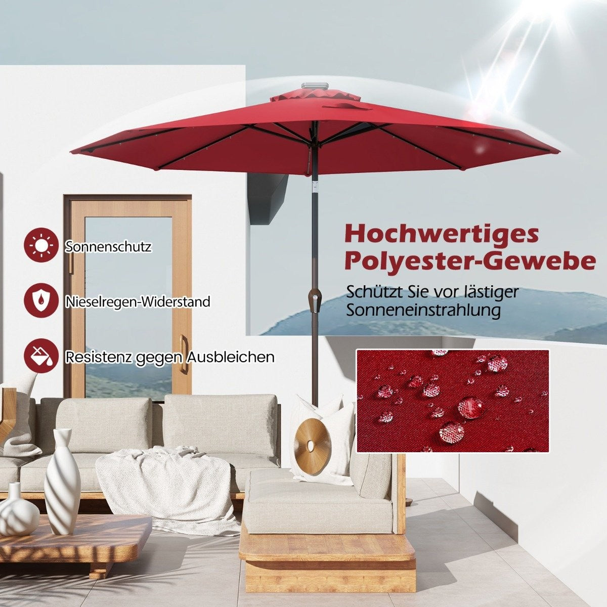 LED lighting cantilever umbrella round parasol solar powered garden umbrella crank red ø 3M