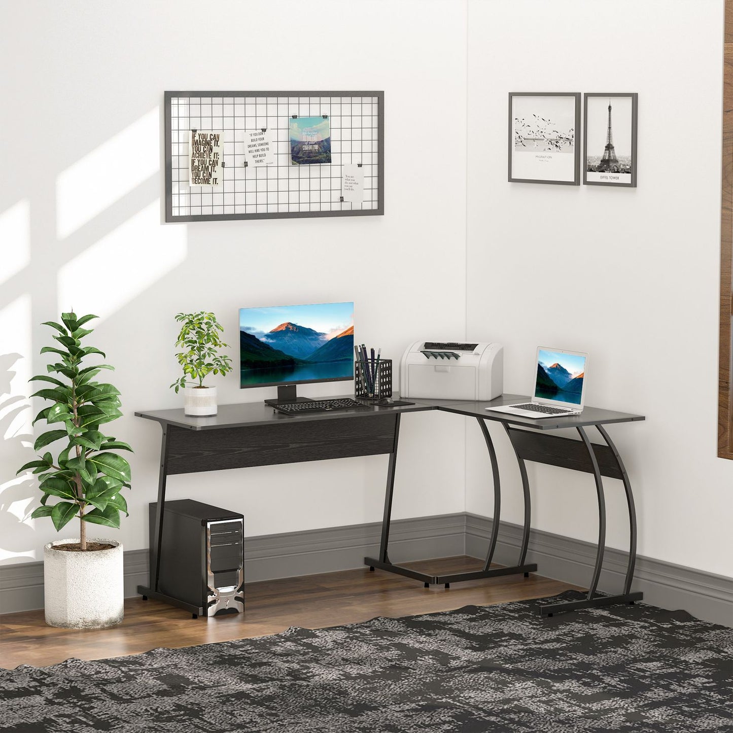 L-shaped corner desk, space-saving gaming workstation, black