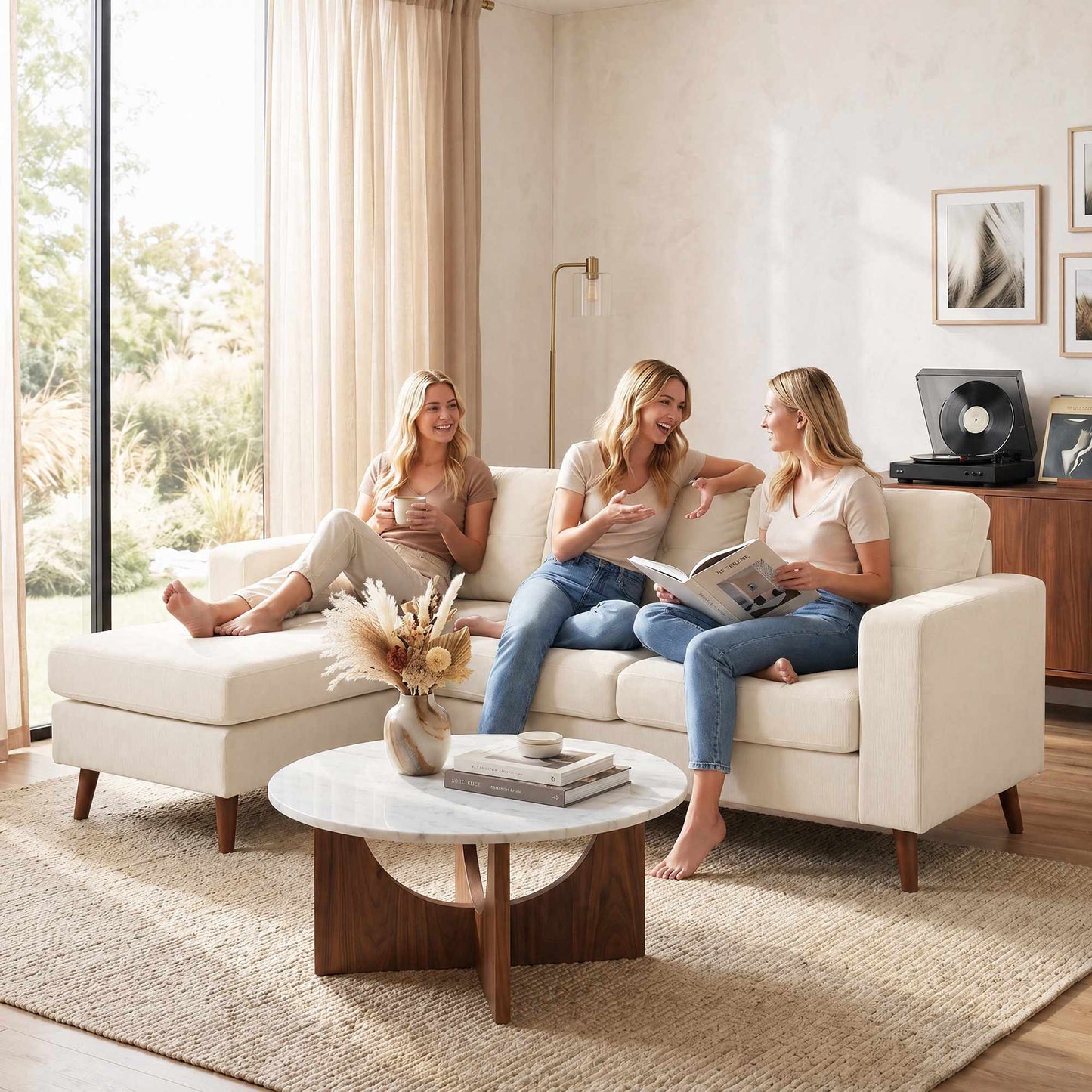 L-Shape Sofa with Reversible Chaise, Cord Fabric, Cream White