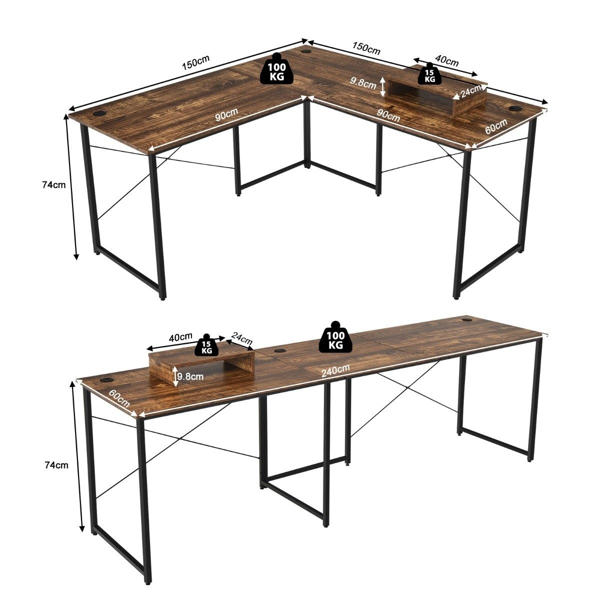 L Shaped Computer Desk with Monitor Stand Reversible Corner Desk Rustic Brown
