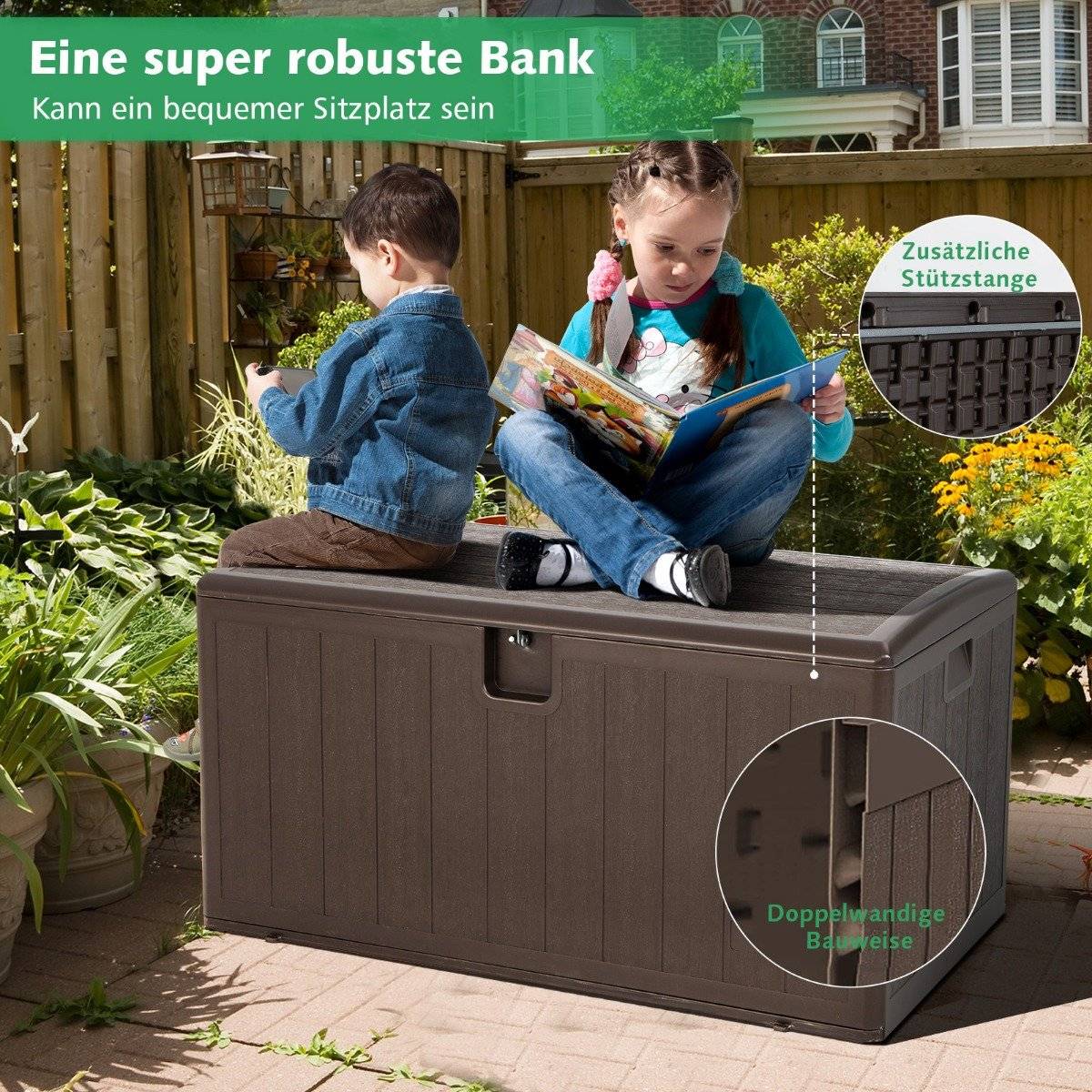 Large 400L Capacity Storage Box Sun Protected Chest 127.5 x 64 x 64 cm Brown