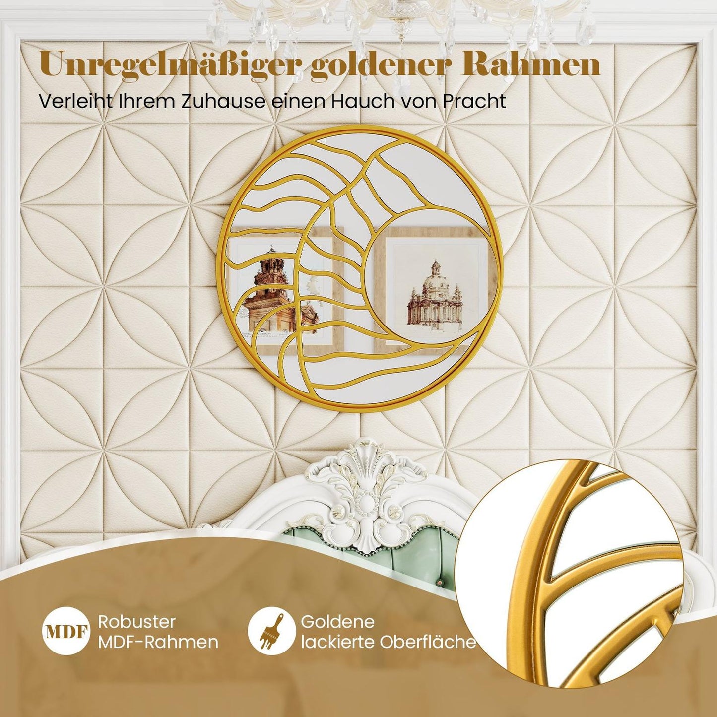 Large Round Wall Mirror – 80cm, Gold Frame, Decorative