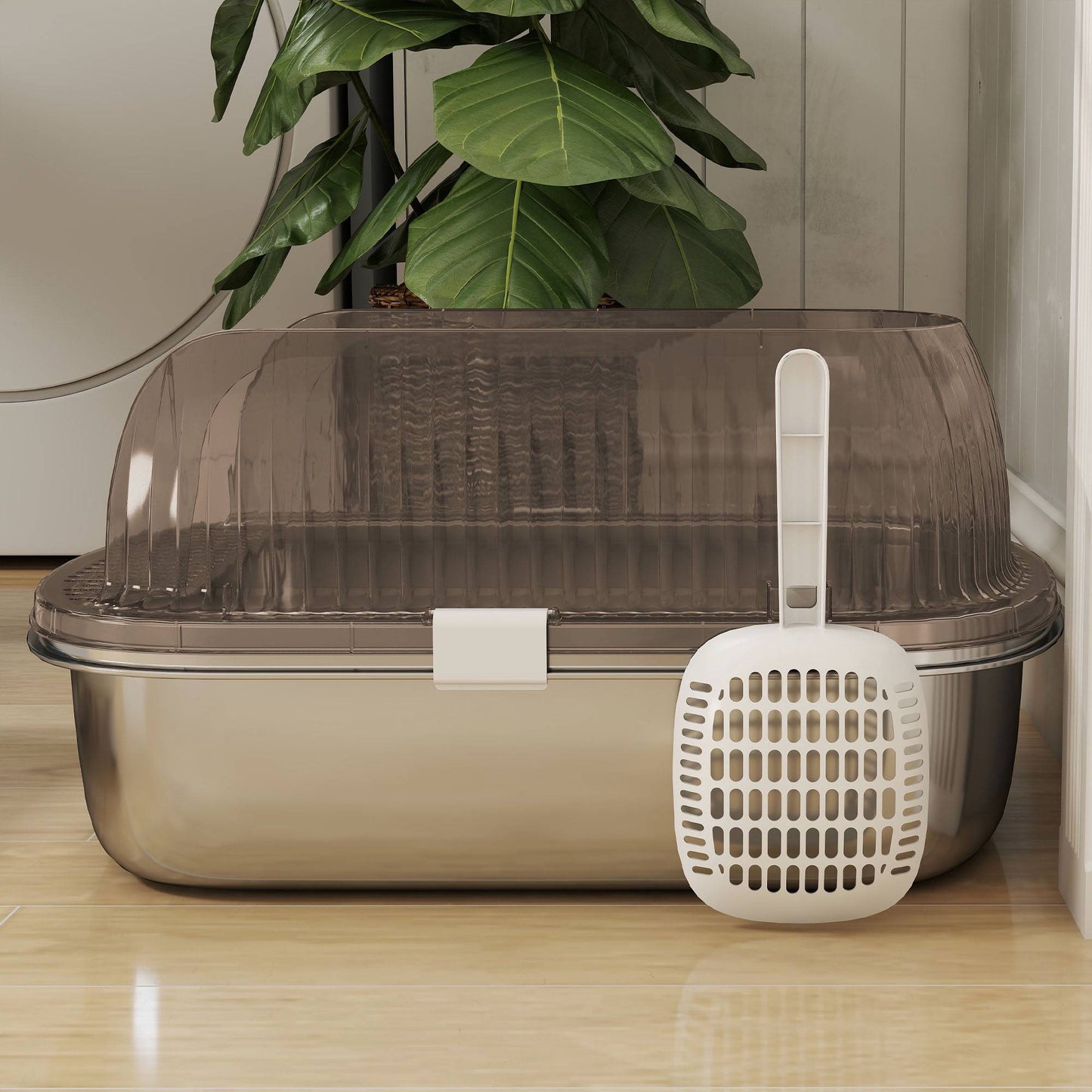 Large Stainless Steel Cat Litter Box with Scoop, 53x42x27cm