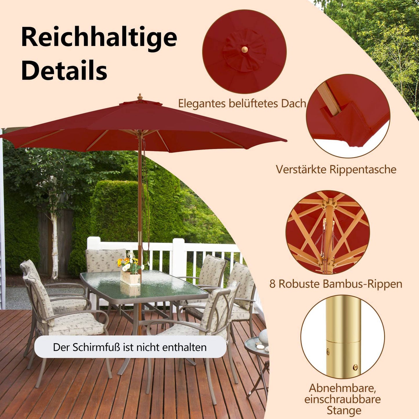 Large Wooden Patio Umbrella, 300cm, Red, Bamboo Ribs