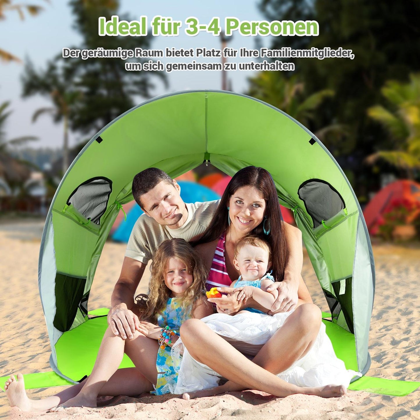 Large pop up beach tent, foldable beach shelter, 3-4 person beach tent, sun protection, throw tent, green