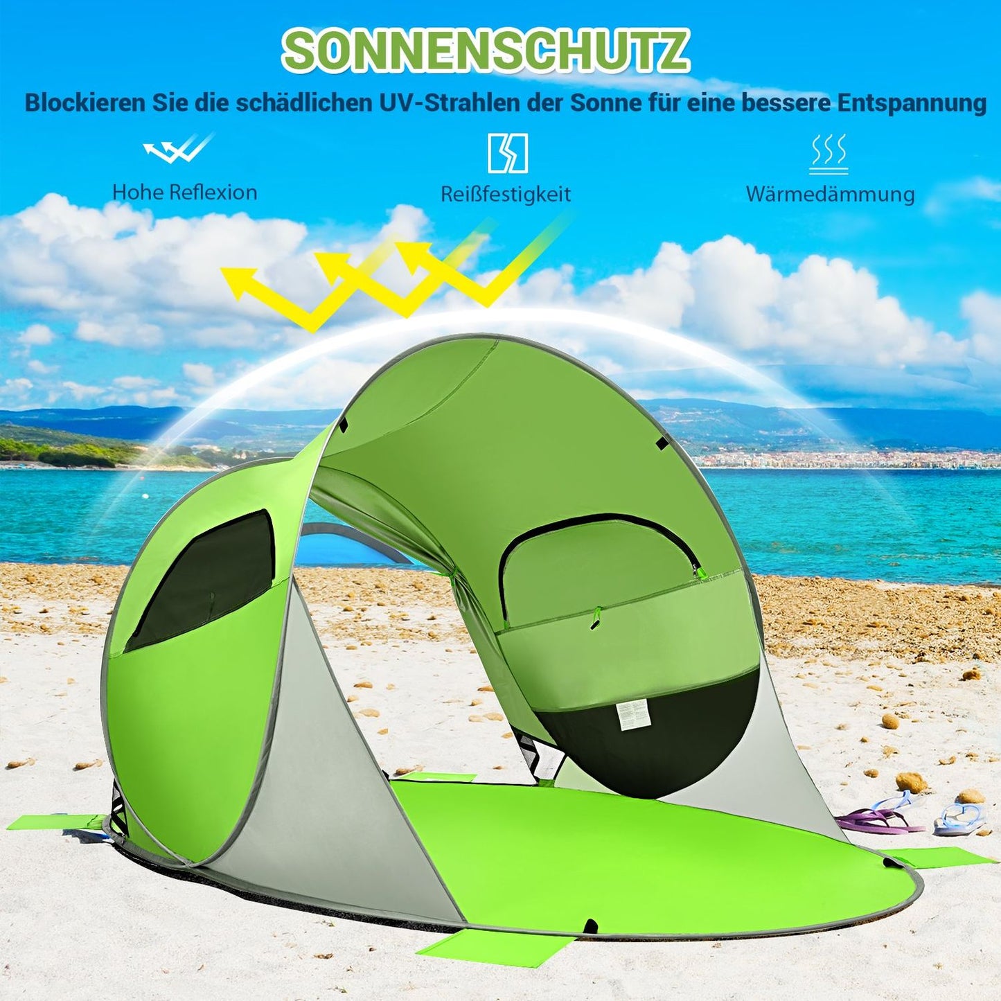 Large pop up beach tent, foldable beach shelter, 3-4 person beach tent, sun protection, throw tent, green