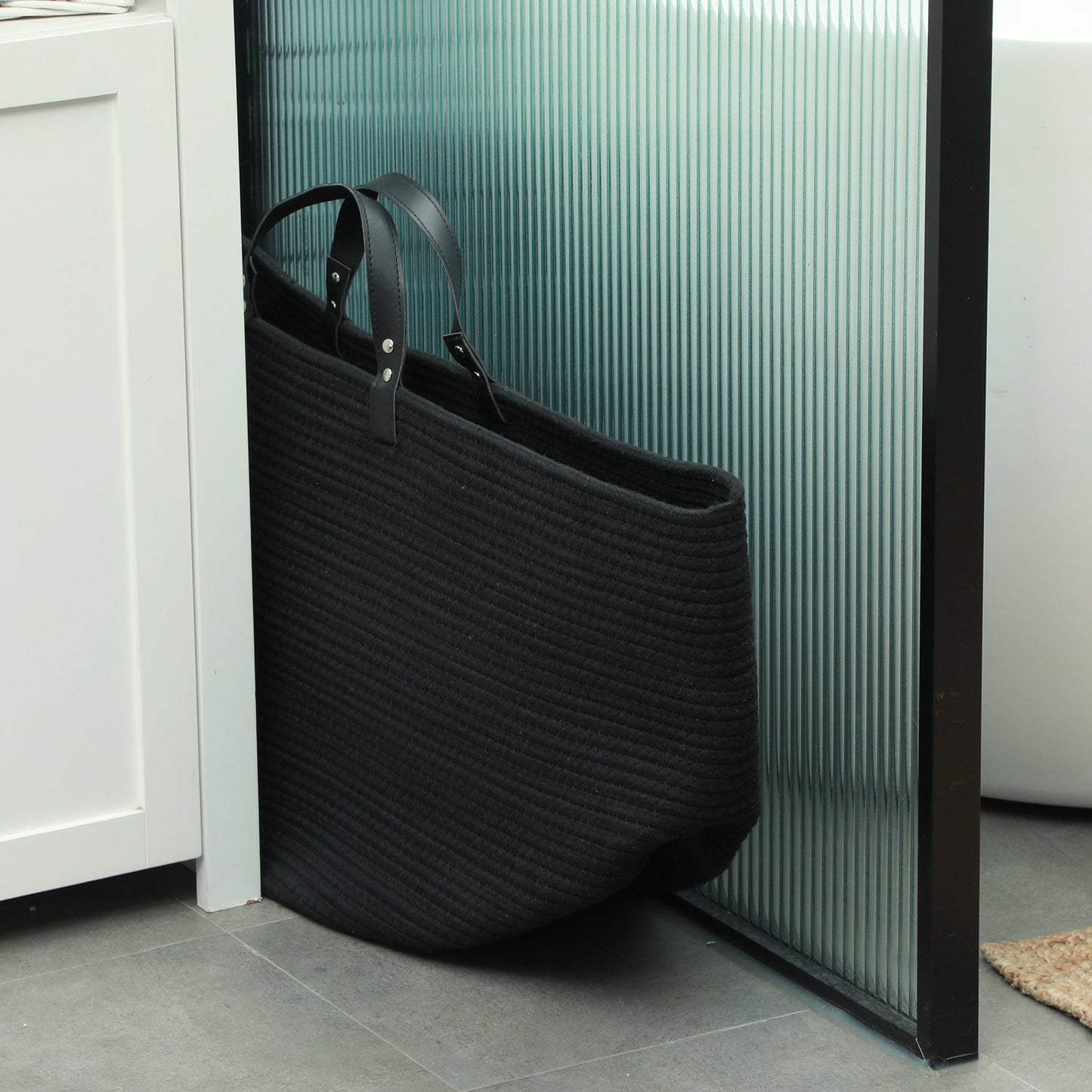 Laundry bag, 88L, portable, foldable, faux leather handles, cotton, Ø56 x 35.5H cm, black