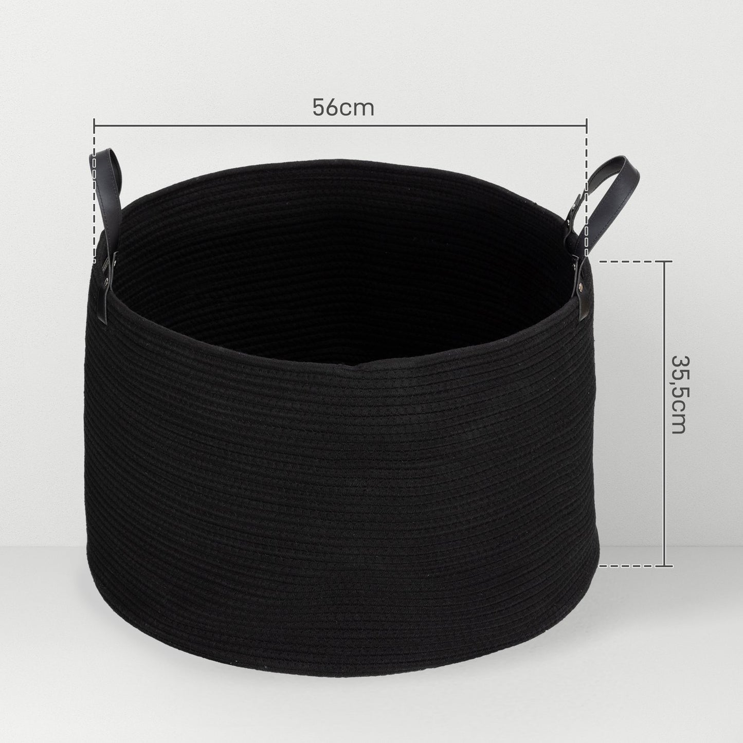 Laundry bag, 88L, portable, foldable, faux leather handles, cotton, Ø56 x 35.5H cm, black
