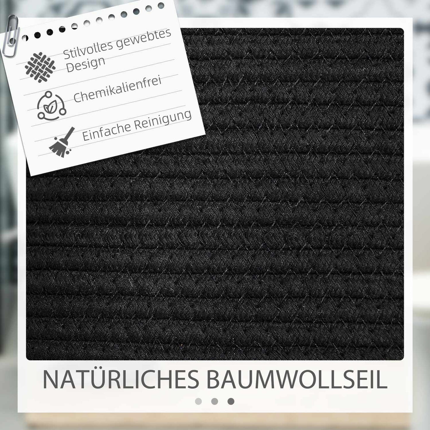 Laundry bag, 88L, portable, foldable, faux leather handles, cotton, Ø56 x 35.5H cm, black