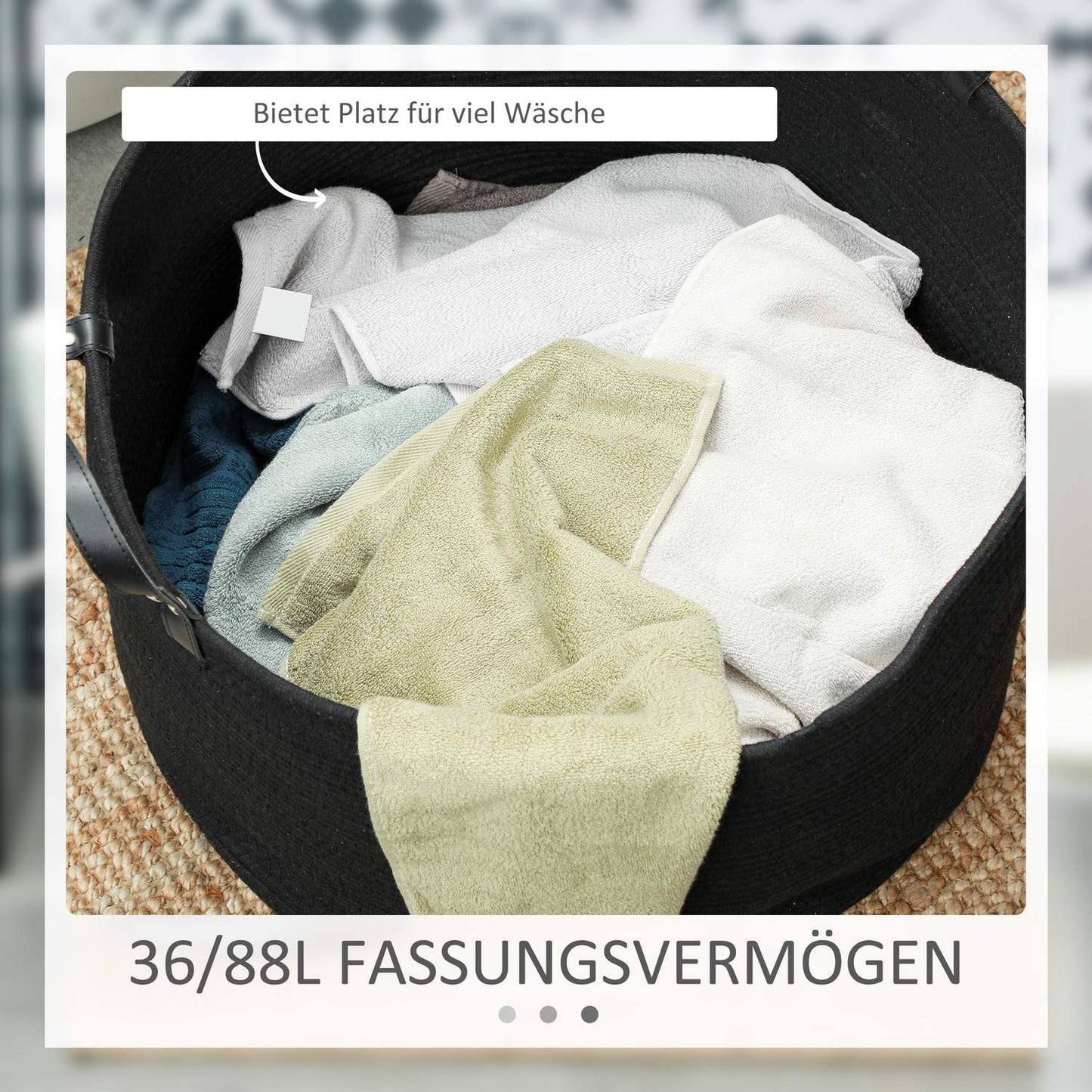 Laundry bag, 88L, portable, foldable, faux leather handles, cotton, Ø56 x 35.5H cm, black