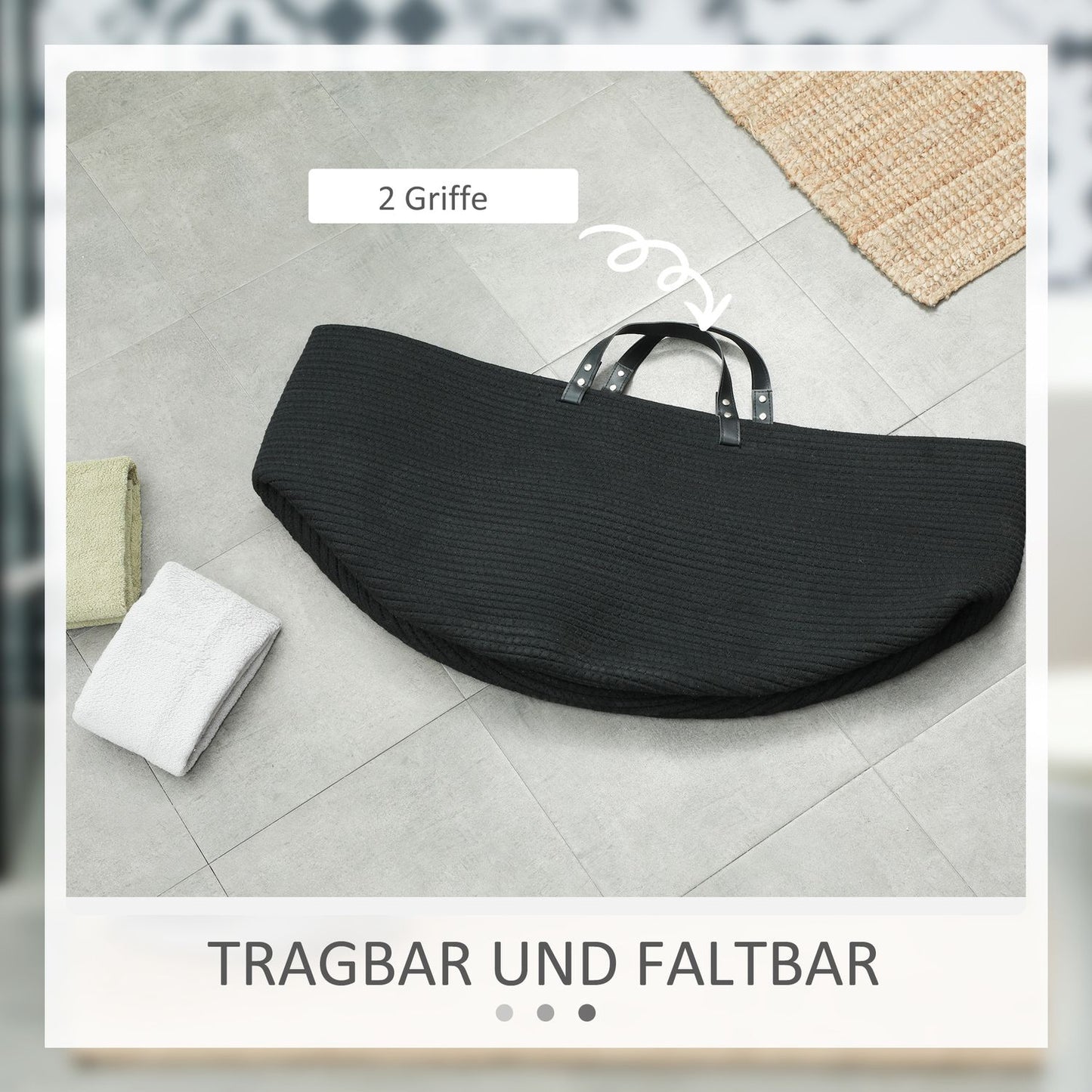 Laundry bag, 88L, portable, foldable, faux leather handles, cotton, Ø56 x 35.5H cm, black