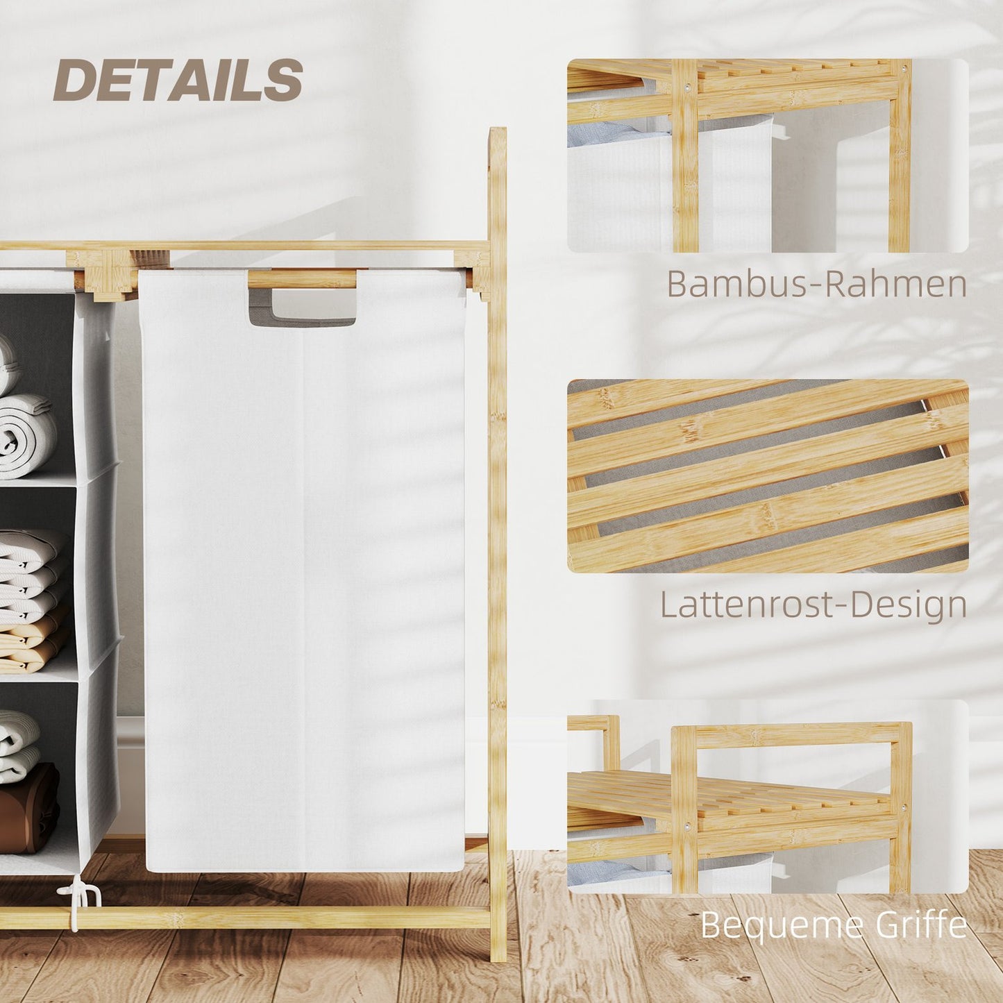 Bamboo laundry basket sorter - 4 compartments, removable bags