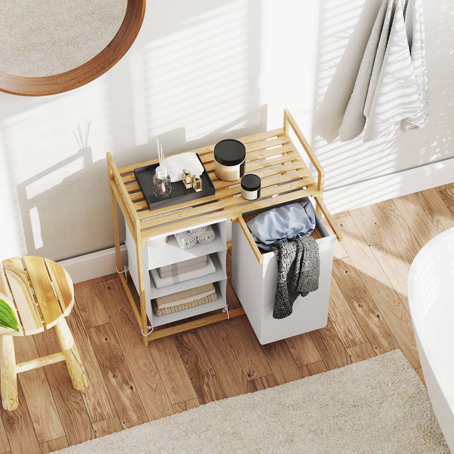 Bamboo laundry basket sorter - 4 compartments, removable bags