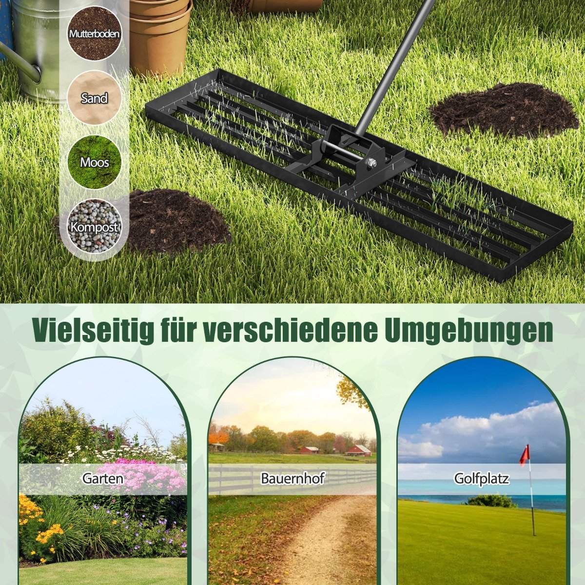 Lawn Leveling Rake with Ergonomic Handle, 106 x 25 cm
