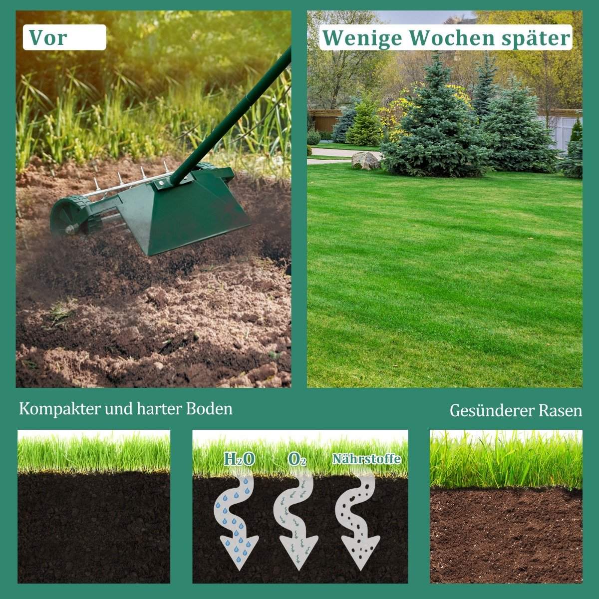 Lawn aerator roller lawn roller with handle & 3cm nails & splash guard 46 x 23 x 127 cm dark green and silver