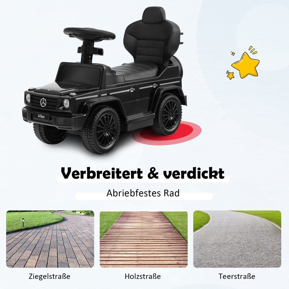 Licensed Mercedes Benz children's vehicle with adjustable sunroof & Parent handle stroller black
