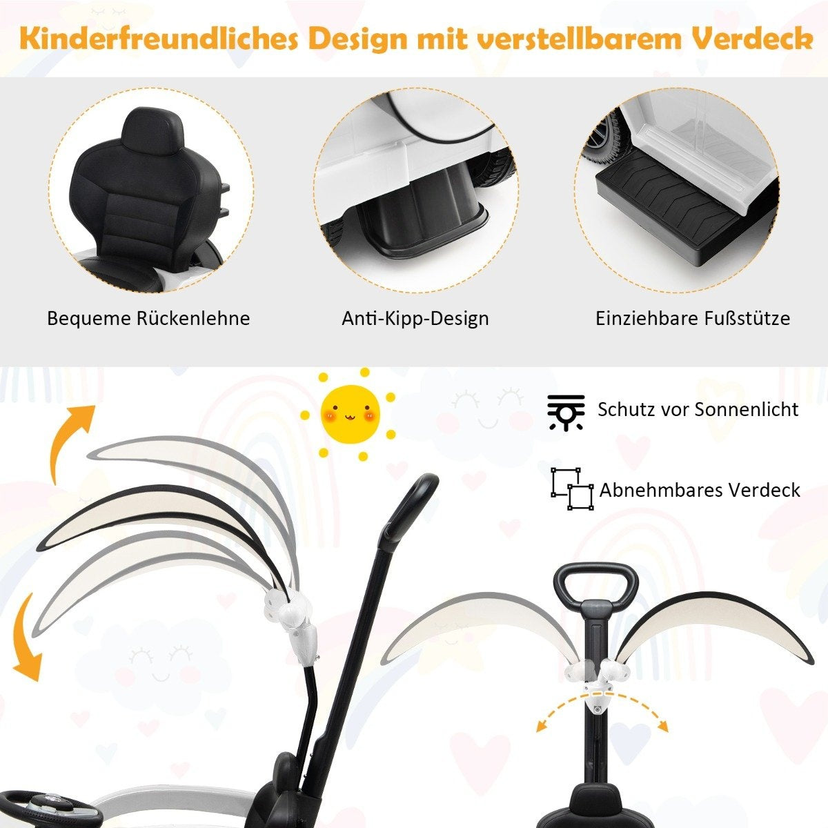Licensed Mercedes Benz children's vehicle with adjustable sunroof & Parent handle stroller white