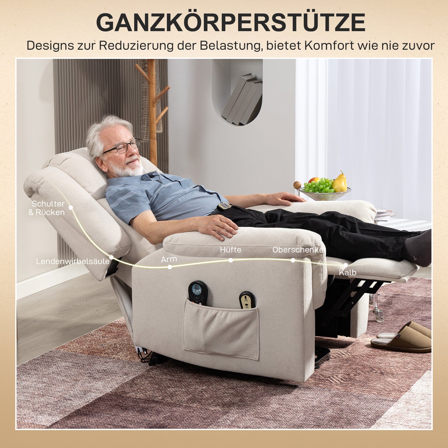 Lift Chair with Massage and Heat, Beige Chenille Fabric