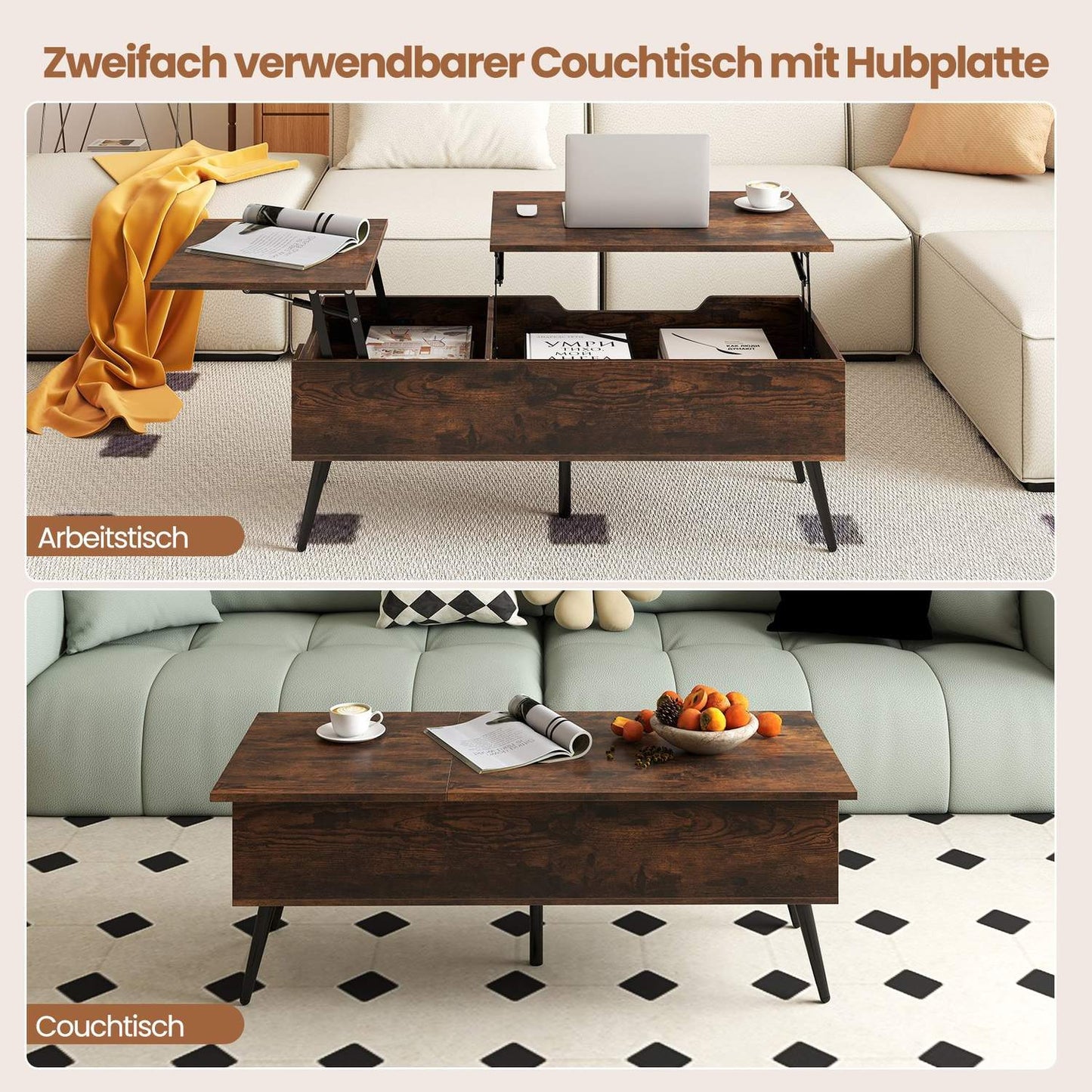 Lift-Top Coffee Table with Hidden Storage, Adjustable Height