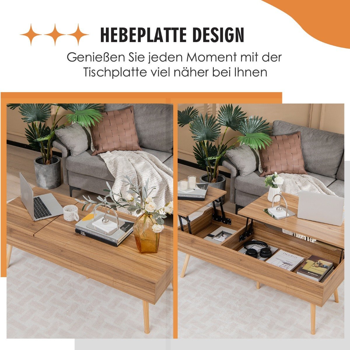 Lift-Top Coffee Table with Storage, 120x49x42 cm, Brown