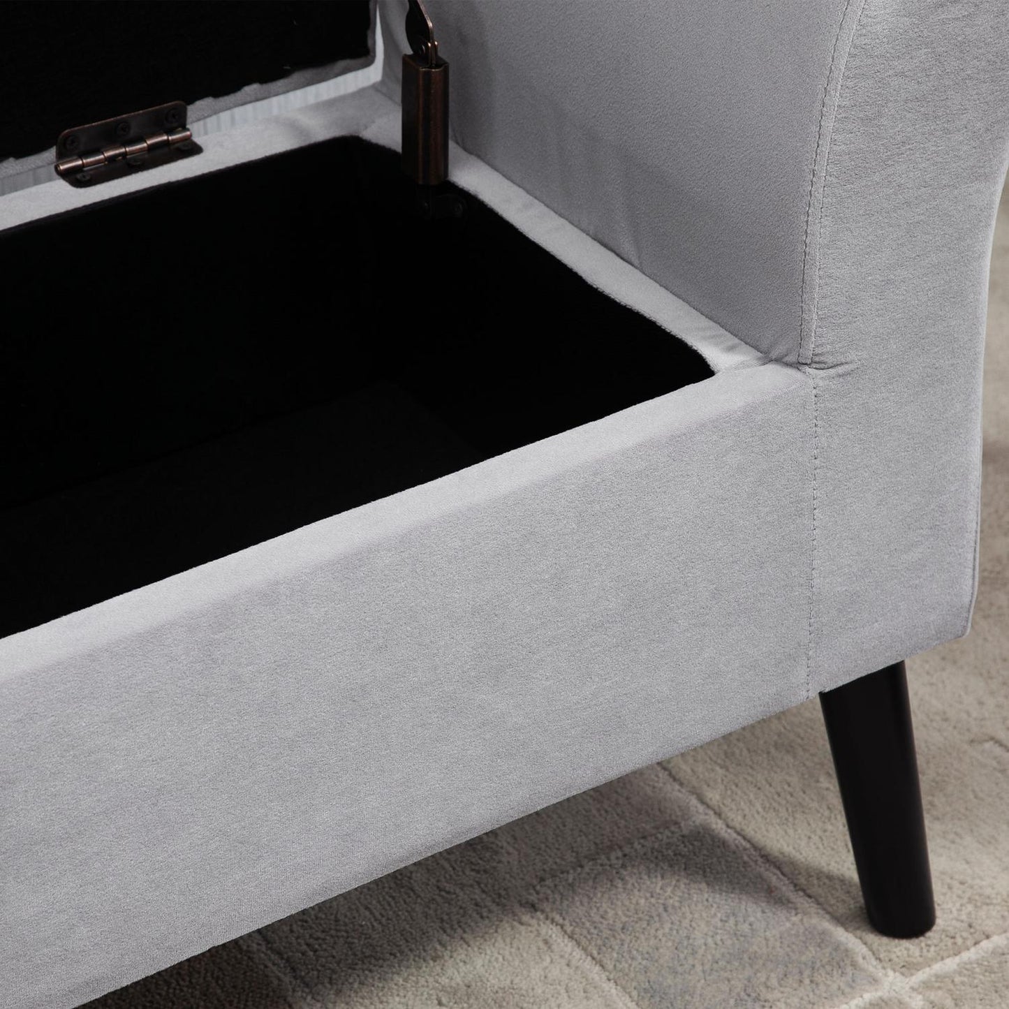 Light gray velvet upholstered bench with storage - modern design