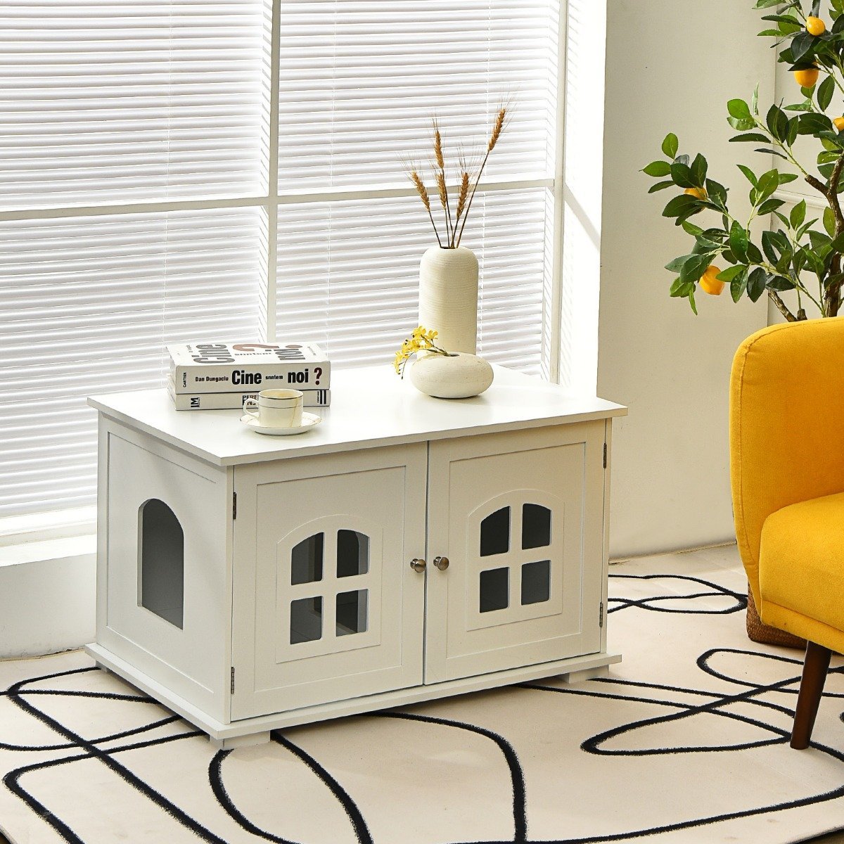 Litter Box Enclosure Cat House with Double Doors and Windows Decorative Litter Box