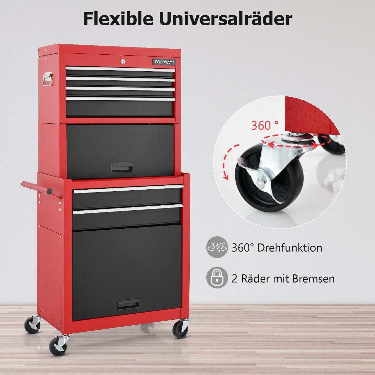 Lockable 2-in-1 High Capacity Tool Chest Handle 6 Drawers & 4 Wheels Red + Black