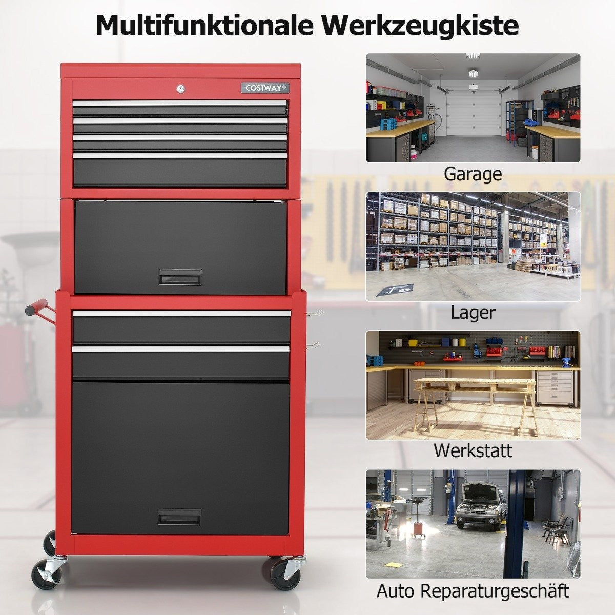 Lockable 2-in-1 High Capacity Tool Chest Handle 6 Drawers & 4 Wheels Red + Black