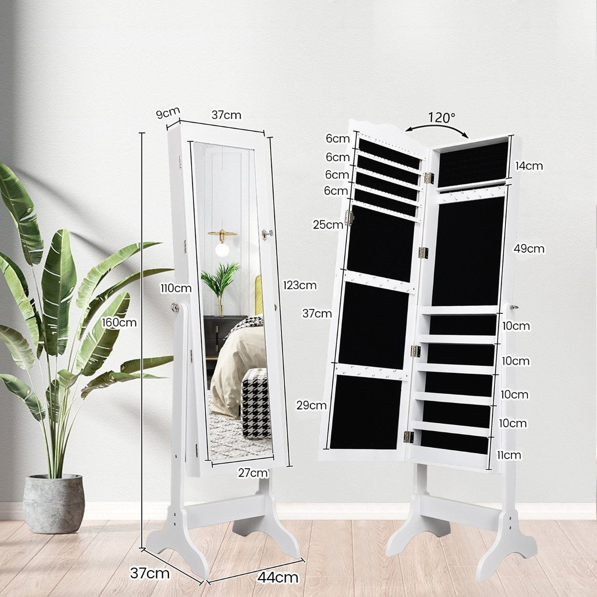 Lockable Jewelry Cabinet Standing Design with Adjustable Angle with Full Length Mirror 45 x 37 x 160 cm White
