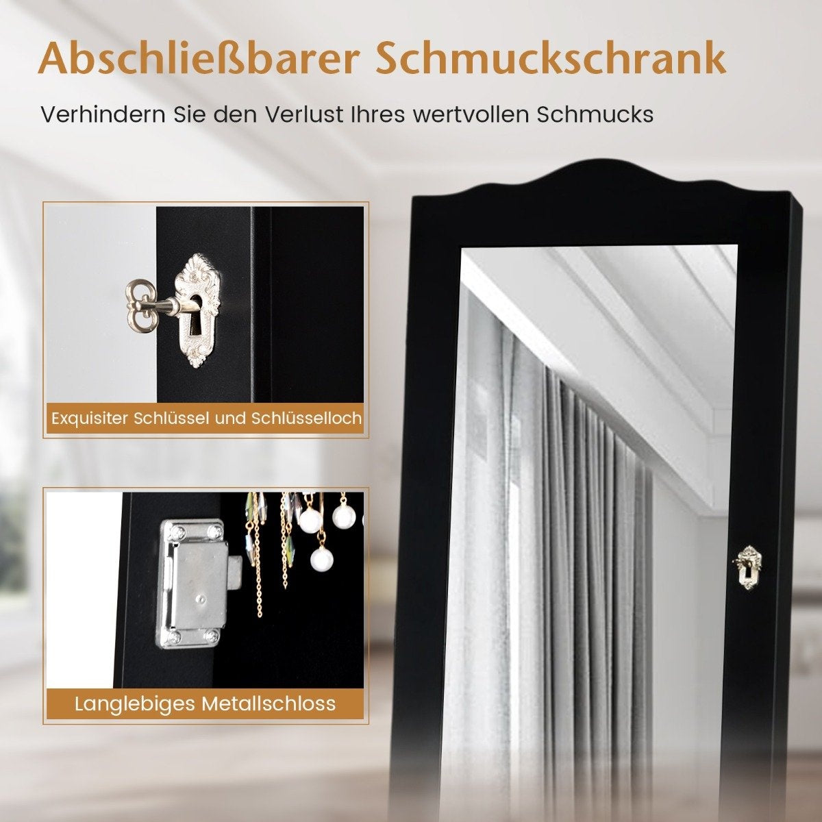 Lockable jewelry cabinet with adjustable angle & full-length mirror jewelry rack black