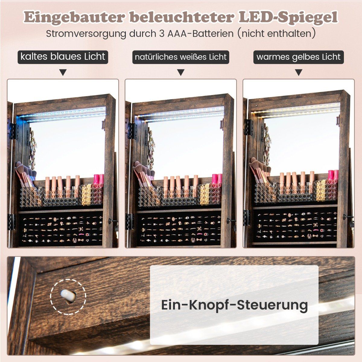 Lockable jewelry cabinet with integrated make-up mirror, adjustable shelves and coffee storage space