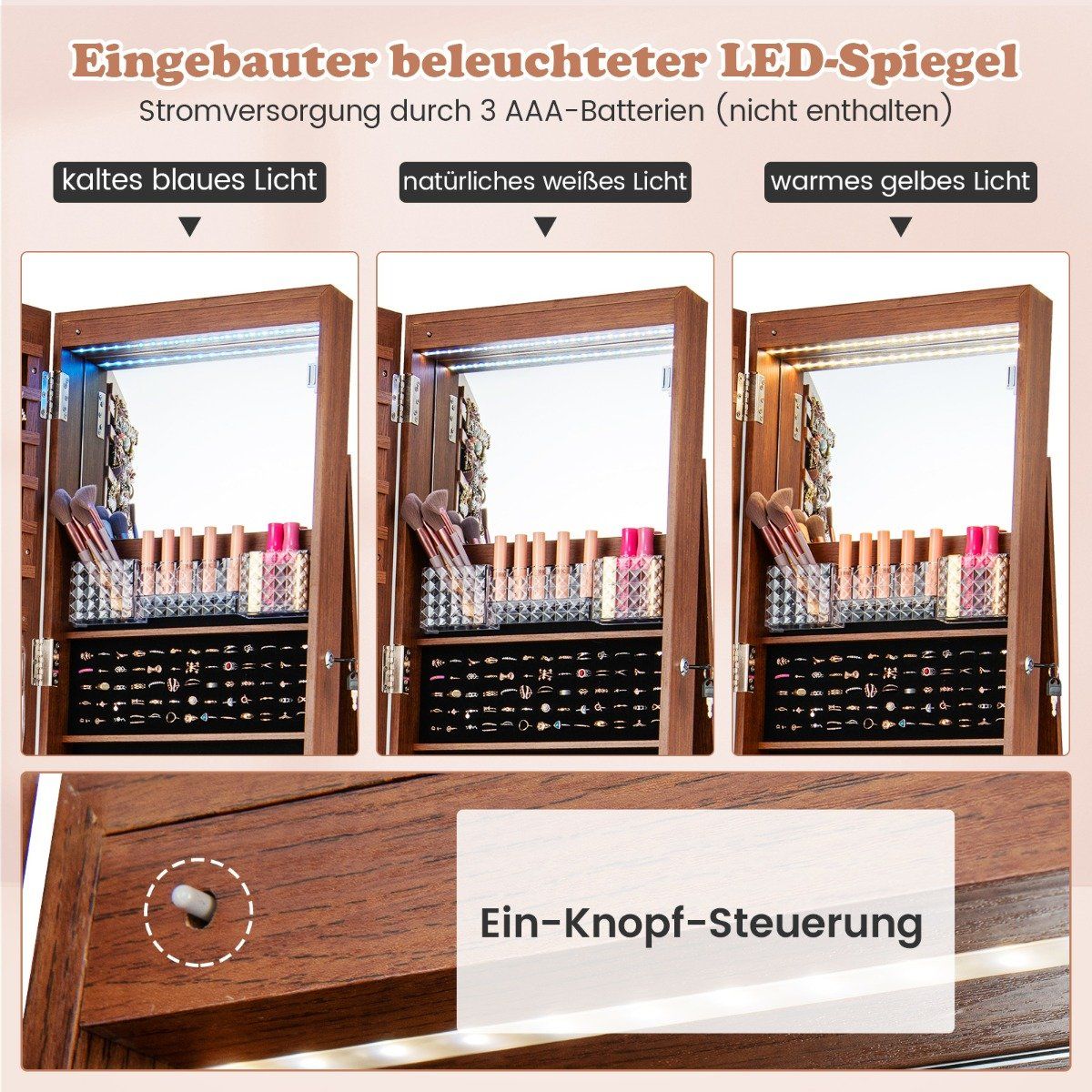 Lockable jewelry cabinet with integrated makeup mirror, adjustable shelves & storage space brown