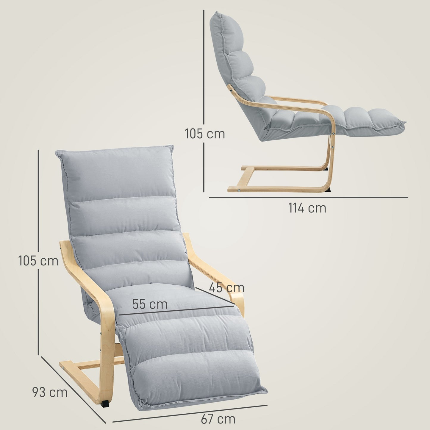 Light Grey Birch Wood Lounge Chair with Adjustable Footrest
