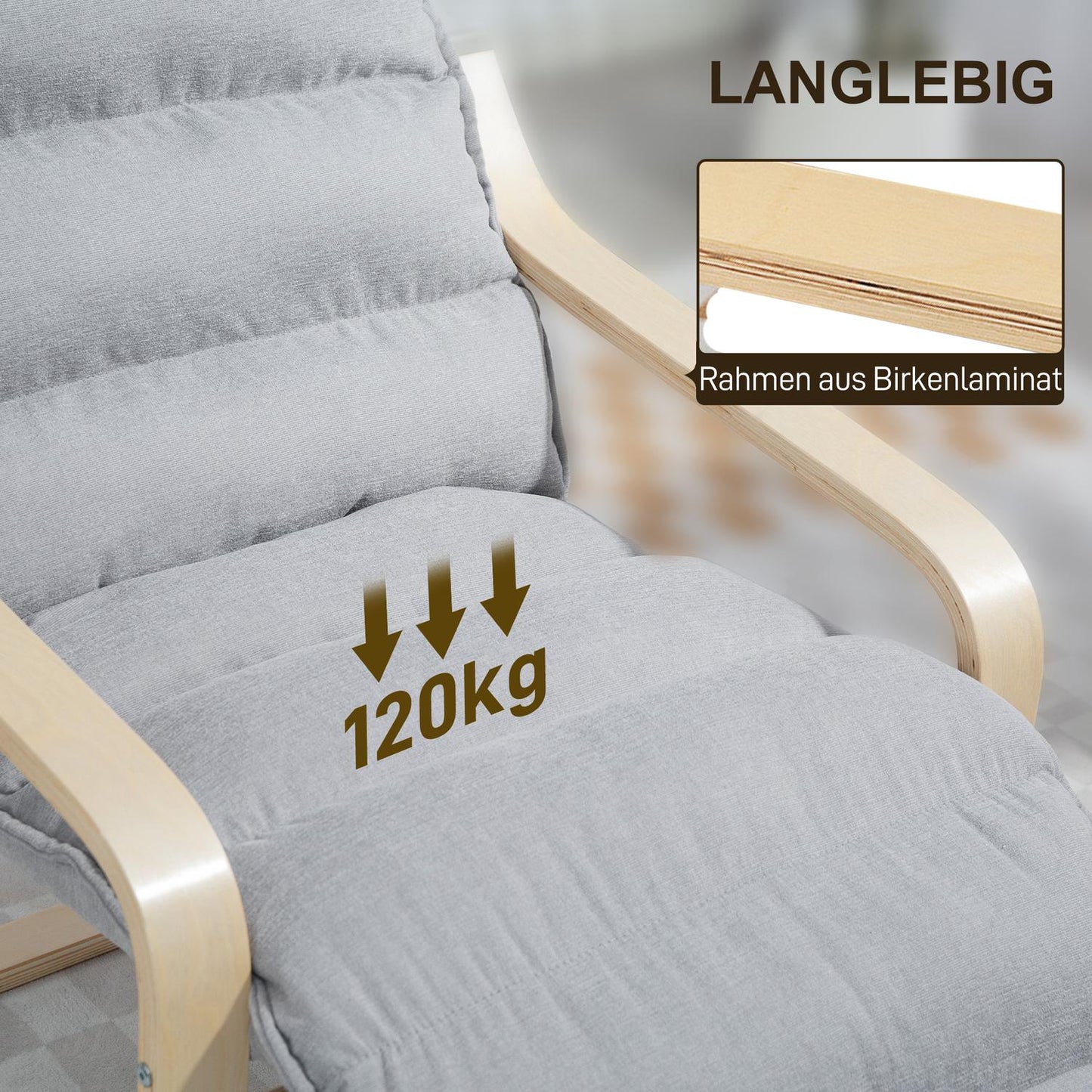 Light Grey Birch Wood Lounge Chair with Adjustable Footrest