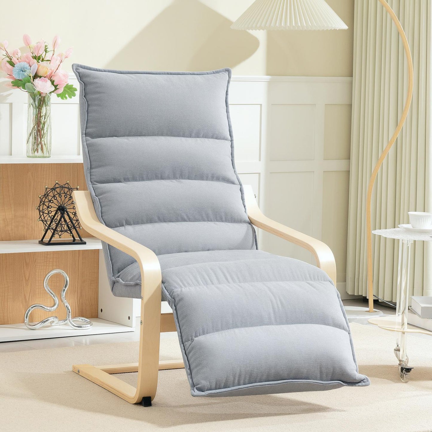 Light Grey Birch Wood Lounge Chair with Adjustable Footrest