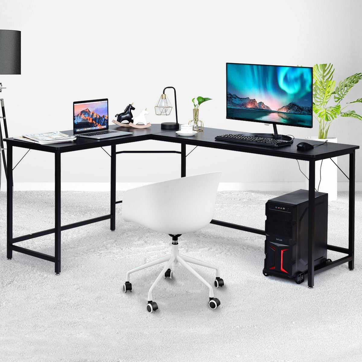 L-shape computer desk PC corner desk angle desk black/natural 168 x 125 x 74 cm-black