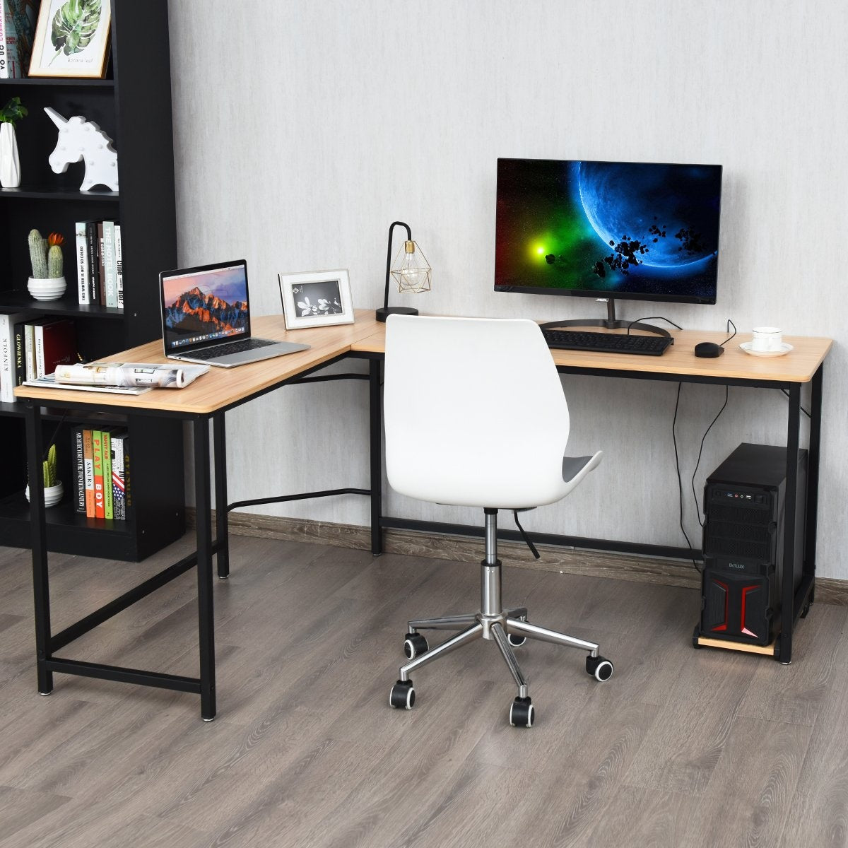 L-shape computer desk PC corner desk angle desk black/natural 168 x 125 x 74 cm-natural
